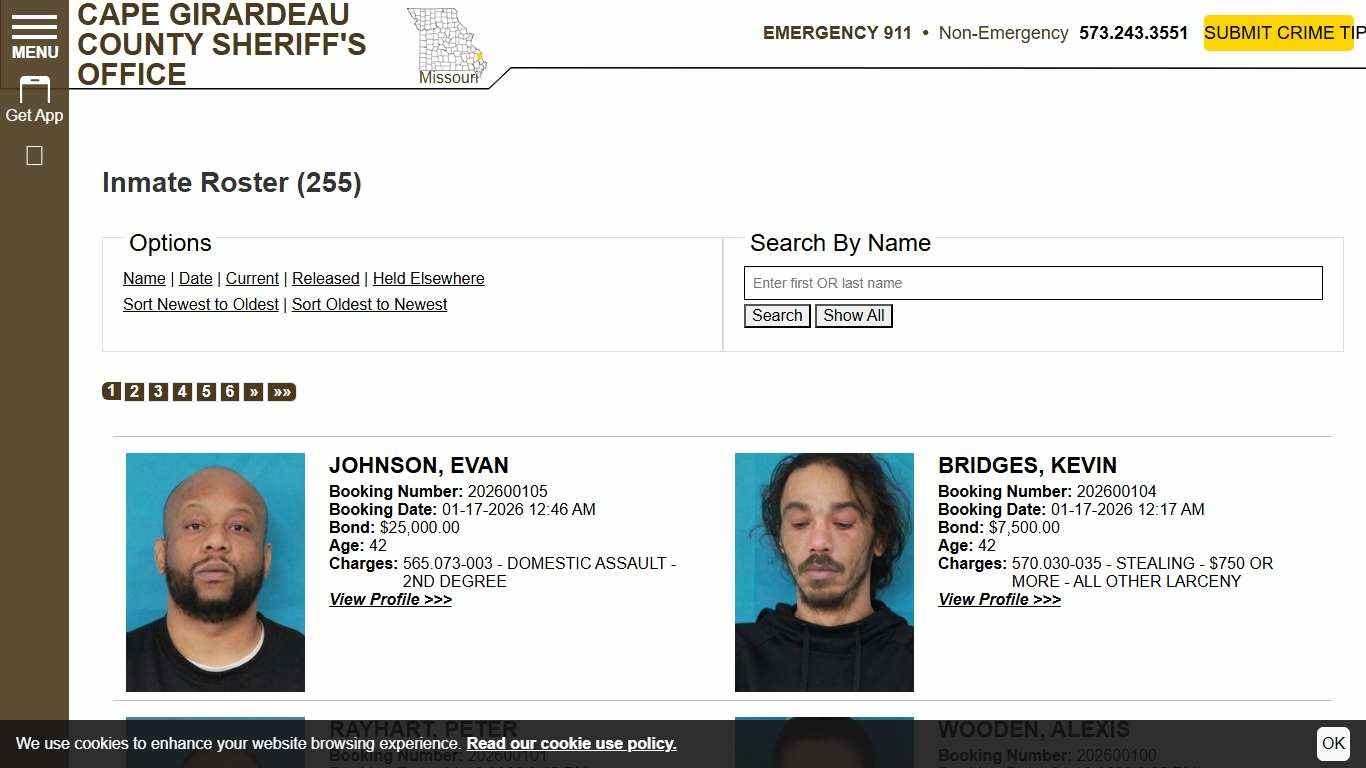 Inmate Roster | Cape Girardeau County MO Sheriff's Office | Sort Booking Time - Descending | Page 1